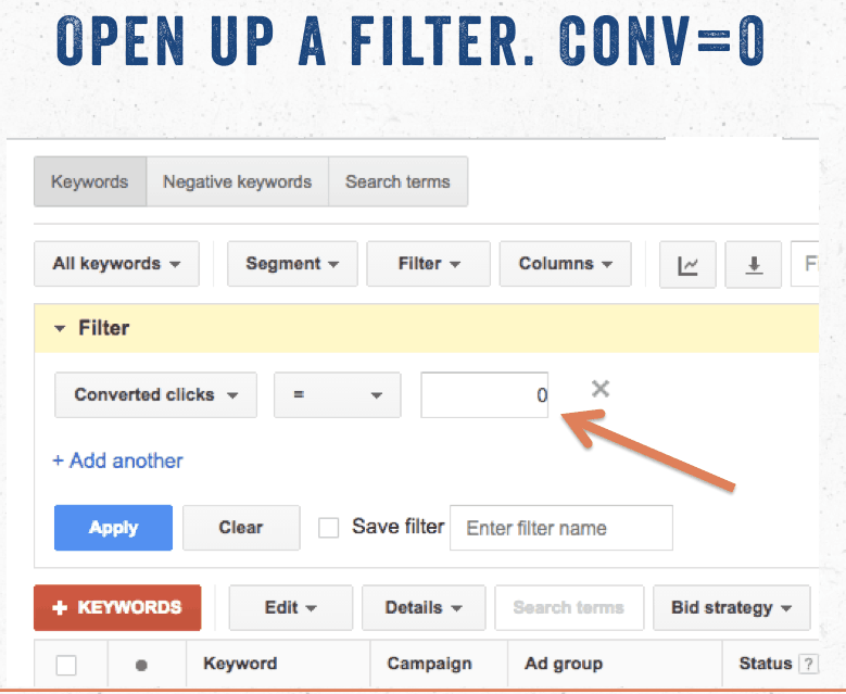 create a keyword filter for no conversions