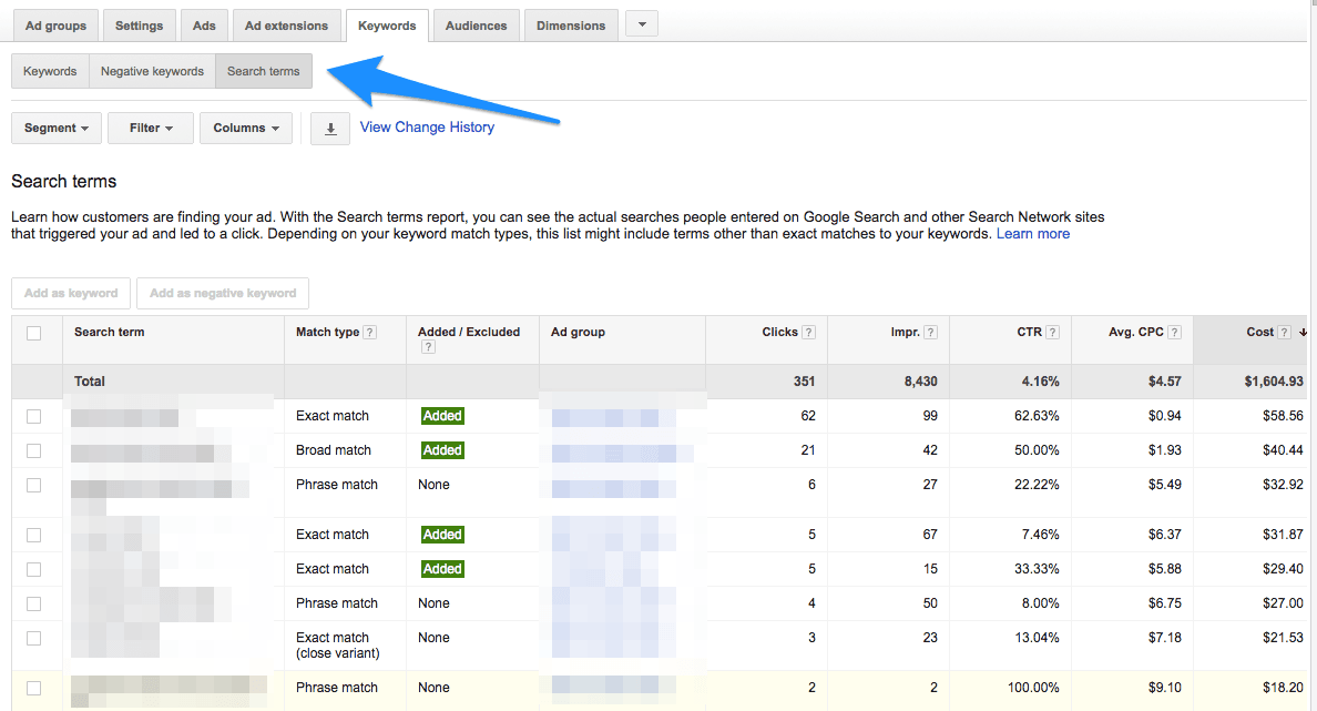 Use the search terms tab to find negative keywords