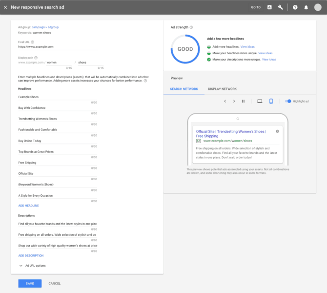 A preview of what the ad strength feature will look like