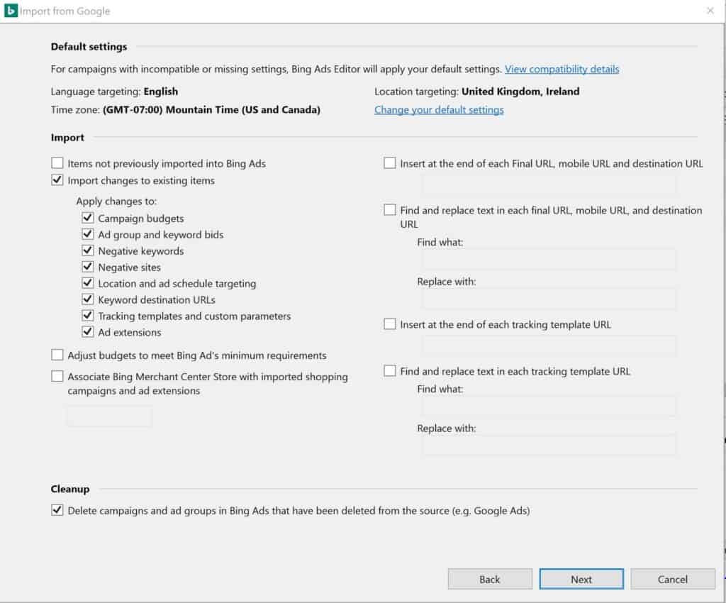 bing ads editor settings