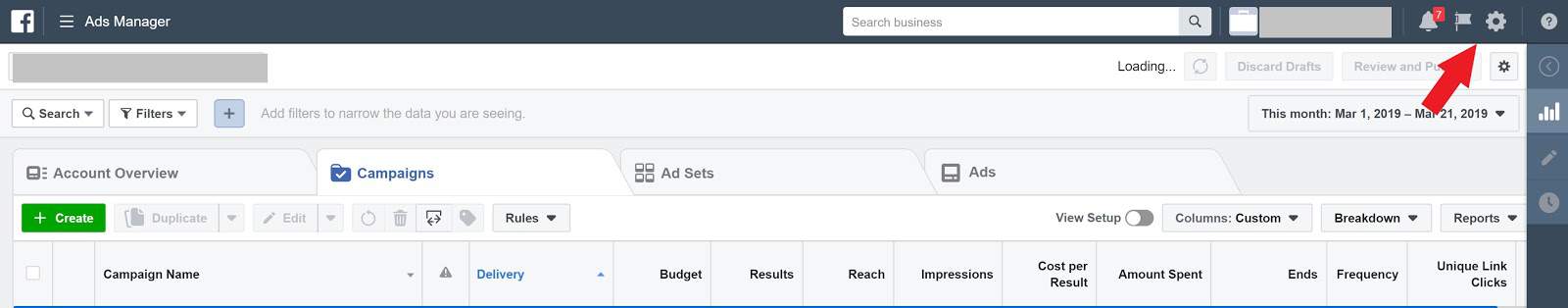 Going to Business Settings in Facebook Ads Manager