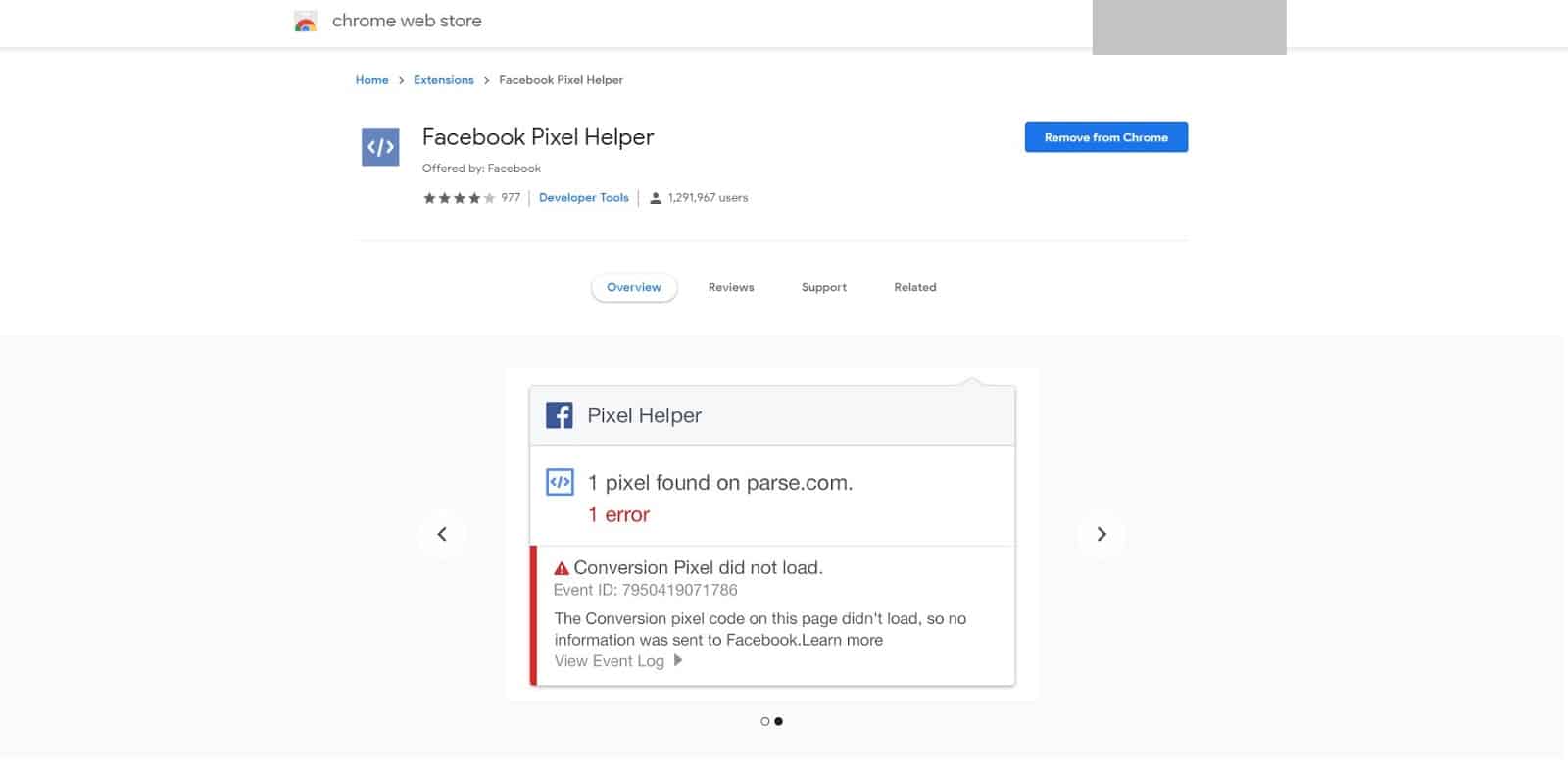 Facebook Pixel Helper Extension in Chrome Web Store