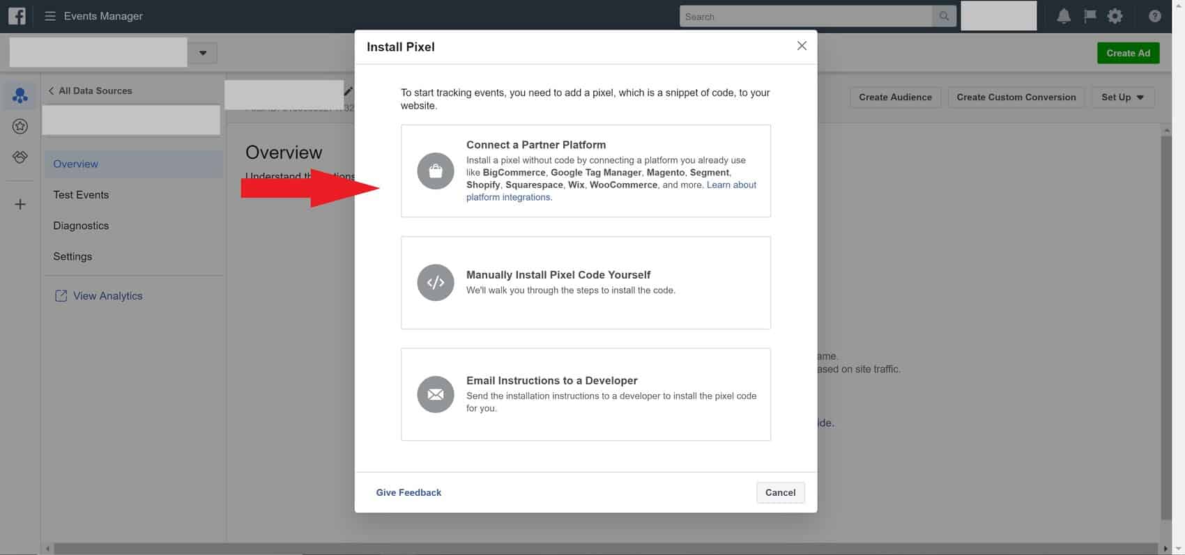 Select option for how to install the Pixel - Facebook advertising access