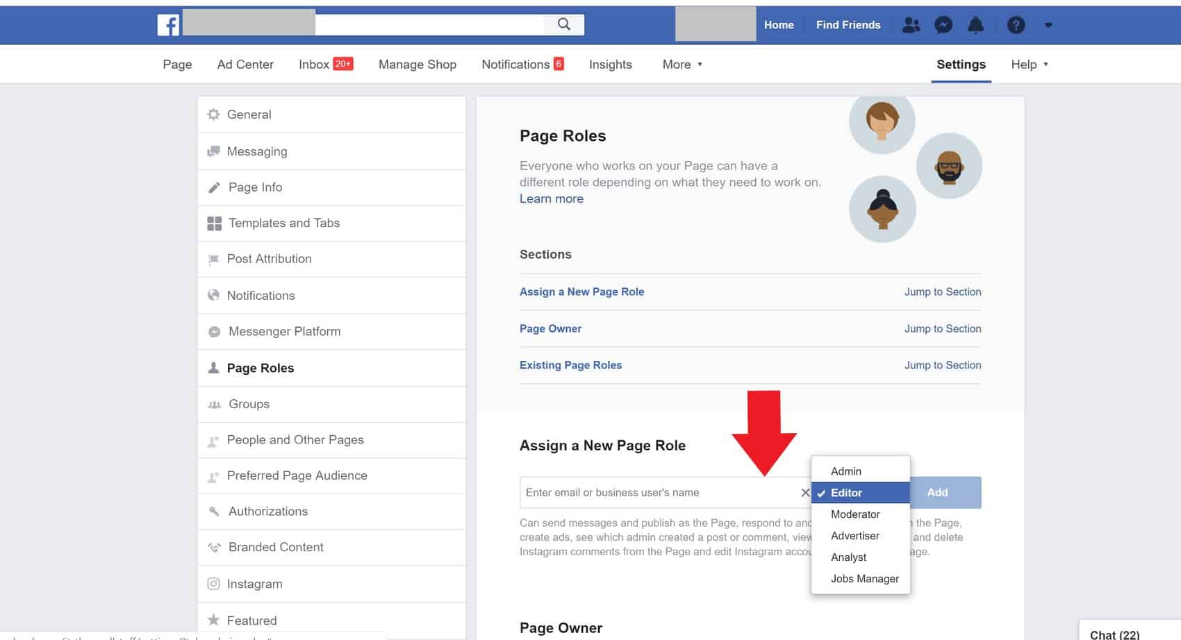 Selecting the appropriate page role permissions - Facebook advertising access