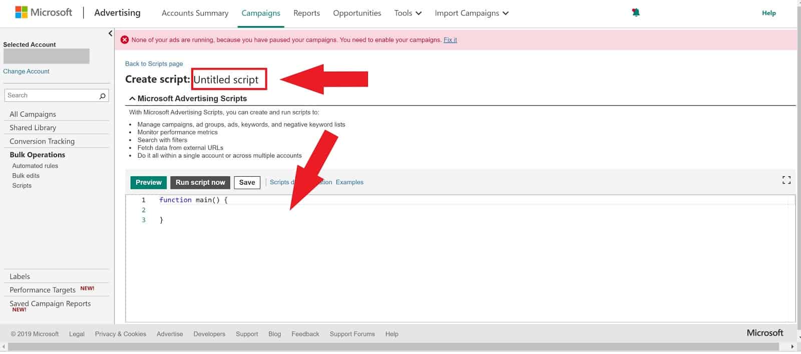 Bing ads Scripts how to create