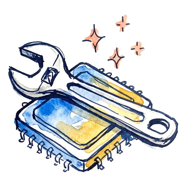 Ink and watercolor sketch of a computer chip and a wrench with sparkles