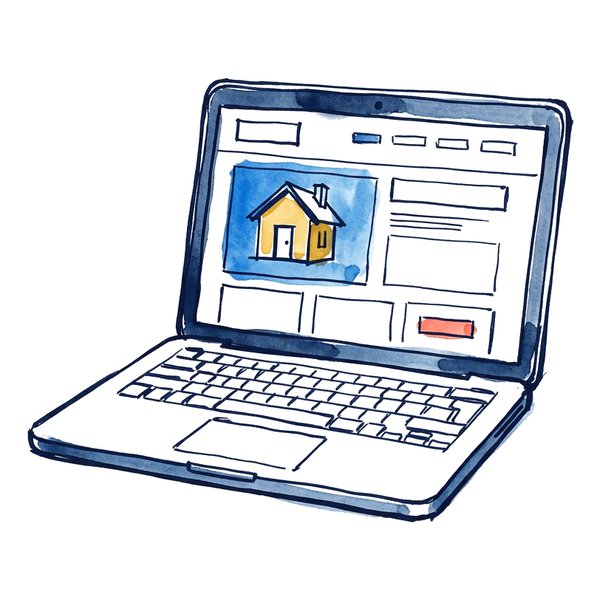 Ink and watercolor sketch of a laptop showing a contractor website