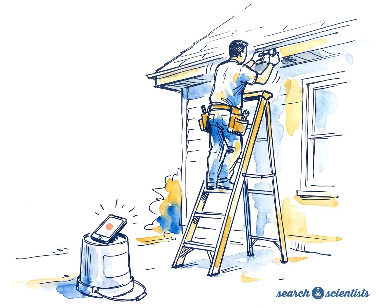 Ink and watercolor sketch of a contractor up a ladder with both hands busy while a phone rings on a bucket below